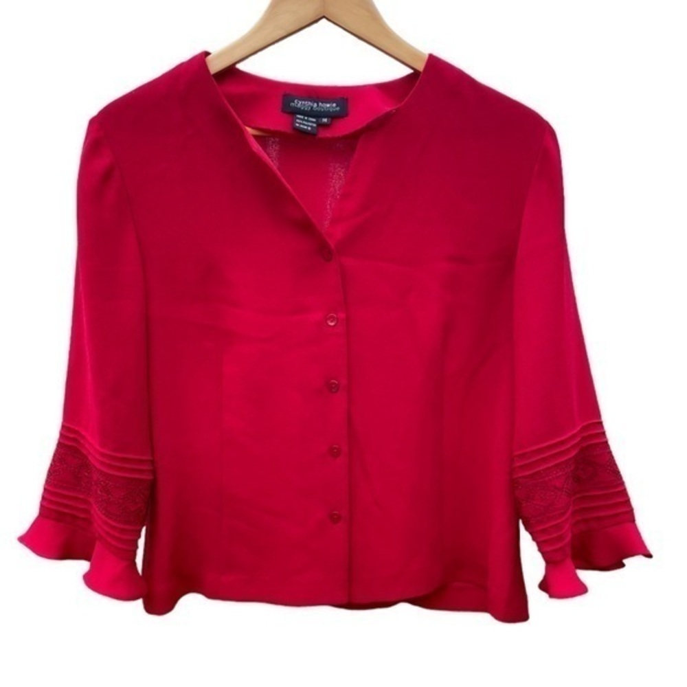 Vintage 90s red embroidered 3/4 sleeves button-down blouse, size 14